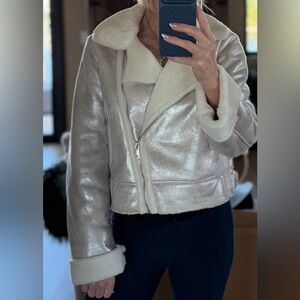 Women's Cream Shearling Bomber Jacket